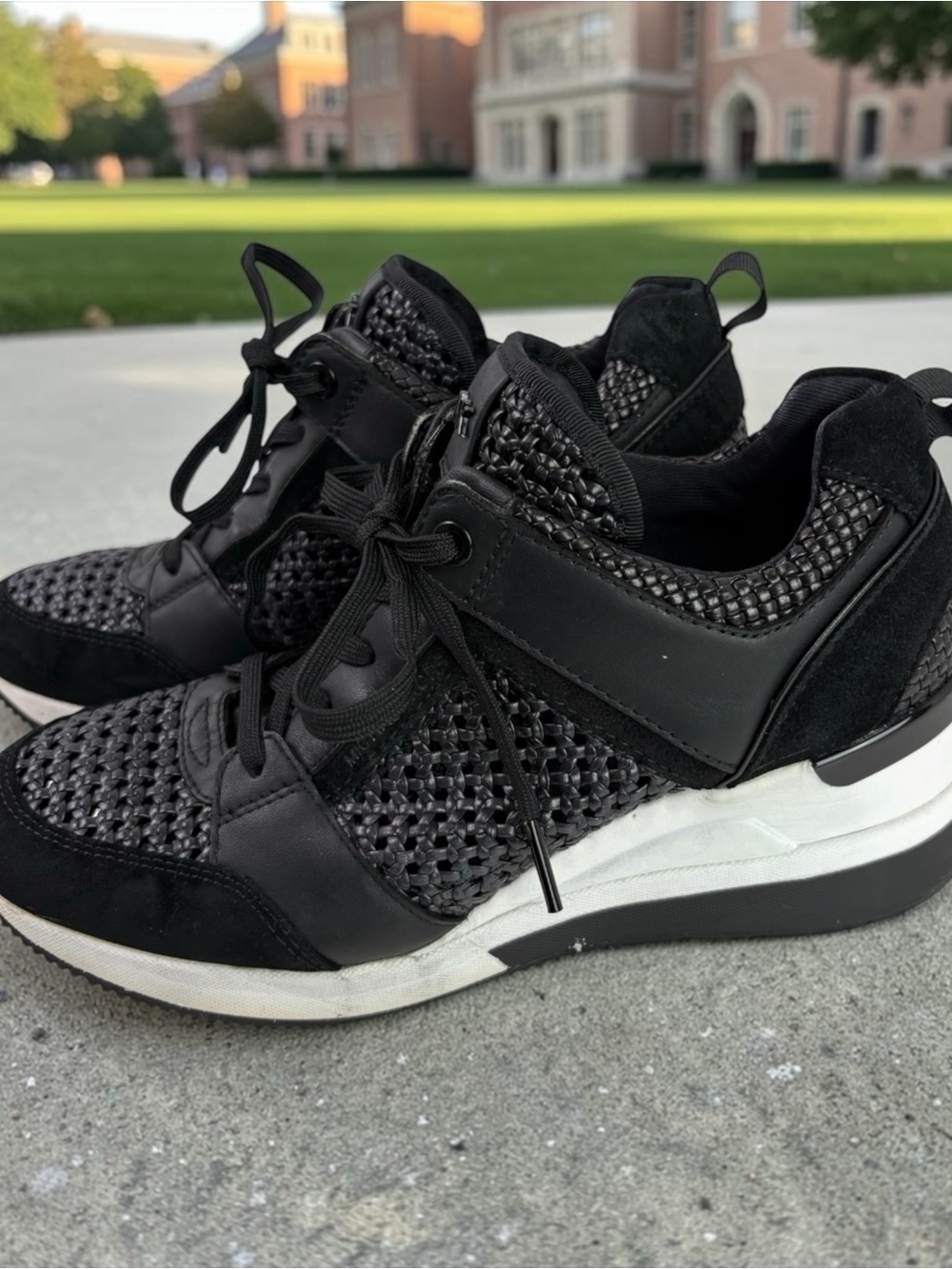 Michael Kors Black Mesh and Leather Baskets Woven Lace-Up Platform Sneakers